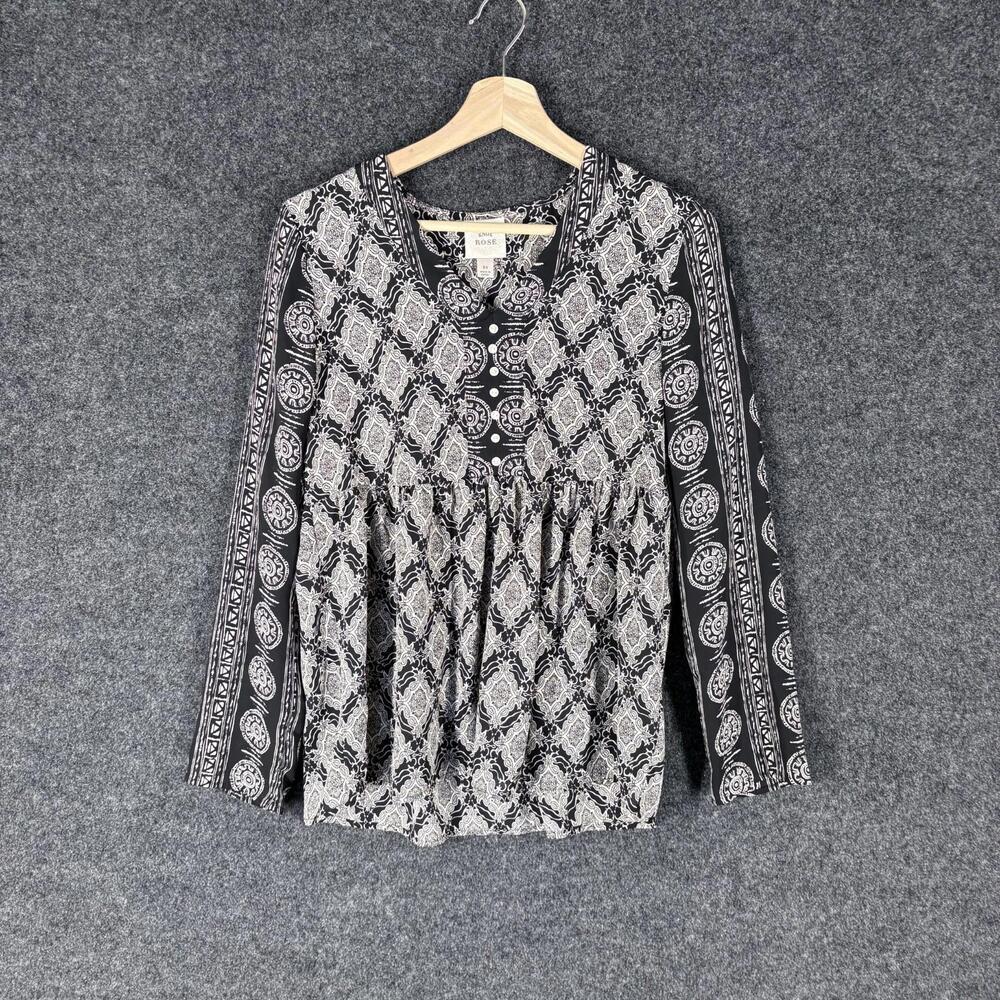 Knox Rose Blouse Women XS Black Geometric V-Neck 1/2 Button Long Sleeve Casual
